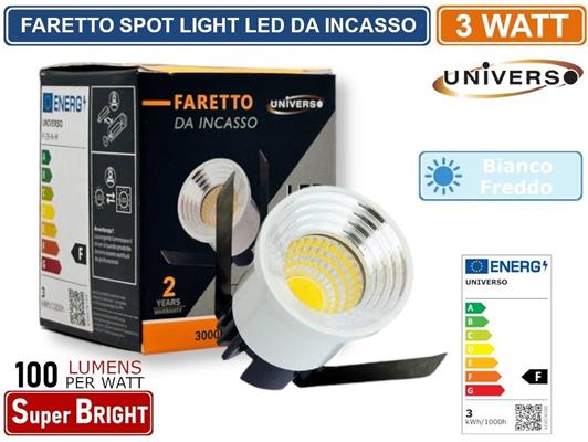 Faretto led mini 3W cob argento 6400K