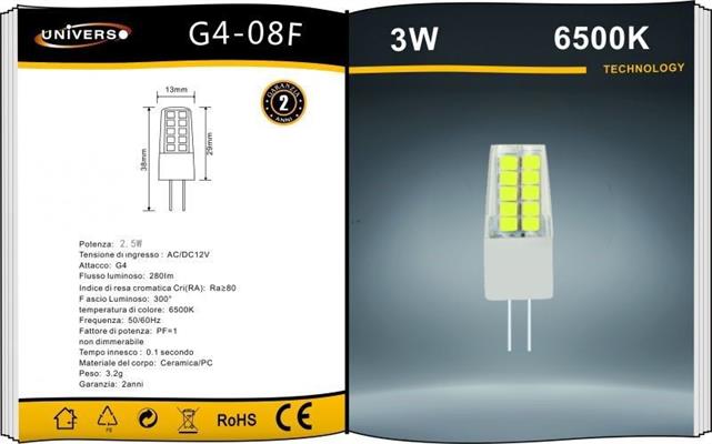 Lampadina LED G4 3W Luce Fredda 6500K