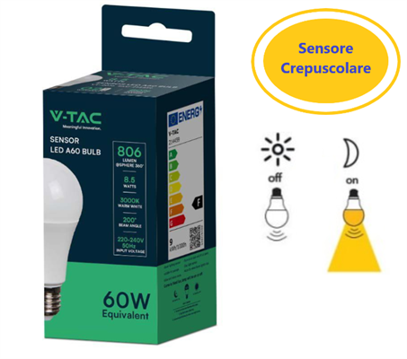 Lampadina LED E27 8.5W A60 con Sensore Crepuscolare 3000K