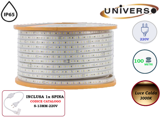 Strip LED SMD2835 220V 120LED/mt 13mm Bobina 100mt 3000K IP65