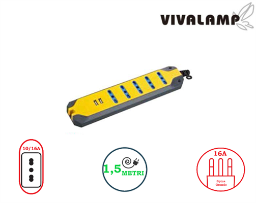 Multipresa 5 Prese 10/16A e 2 Porte Usb DC5V
