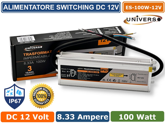 Alimentatore 100W 12V Stagno IP67 Metallico Stabilizzato IP67