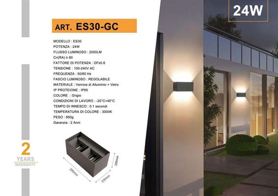 Applique led per esterno up down 24w grigio 3000K ip65