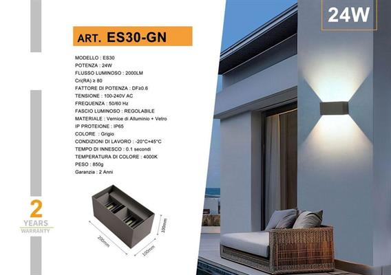 Applique led per esterno up down 24w grigio 4000K ip65