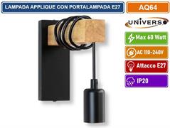 Applique a Muro Metallo Nero e Legno Portalampada E27 IP20