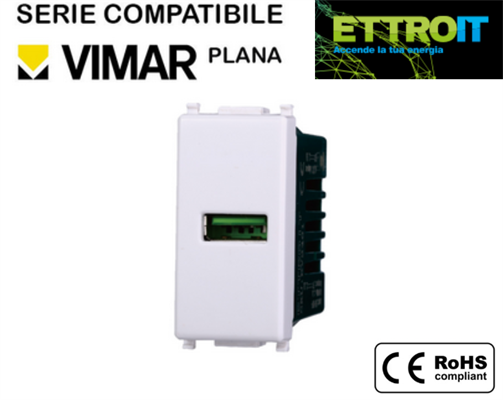 Presa USB 2.1A Bianca Compatibile con Vimar® Plana