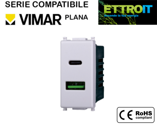 Presa USB 2.1A + Type C 3.1A Compatibile con Vimar® Plana