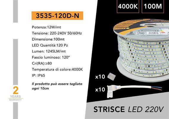 Strip LED SMD3535 220V 120LED/mt 8mm 12W/mt 100mt 4000K IP65