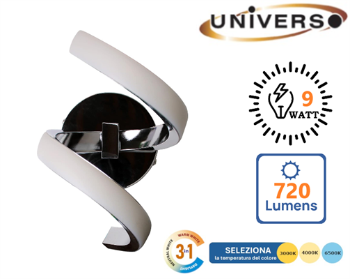 Applique da Parete a Spirale Argento LED 9W Tonalità Luce 3in1